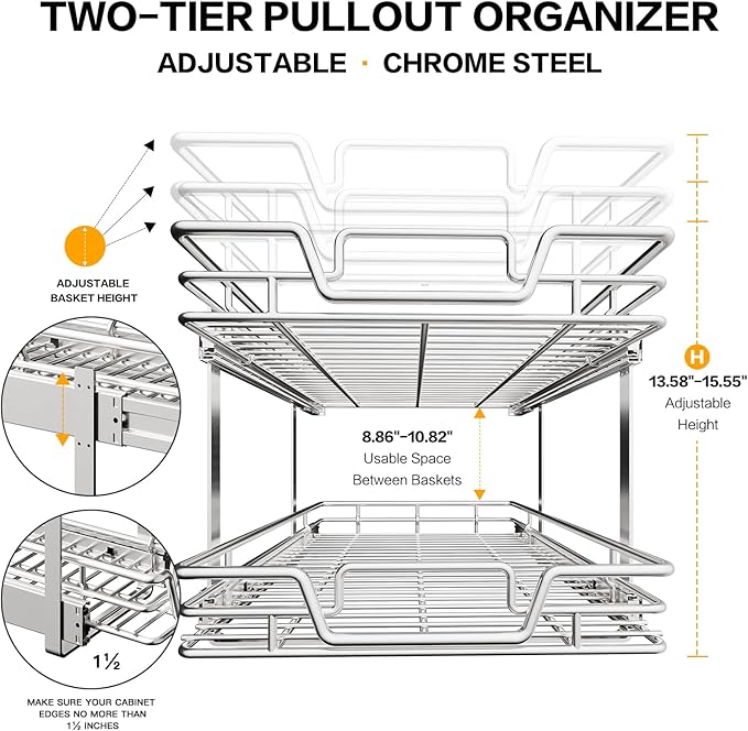 2-Tier Kitchen Cabinet,Pull Out Cabinet Organizer,Shelf and Drawer Organizer Slide Out Pantry Storaqe Basket in Multiple Sizes (12" W x21 D) - Image 4