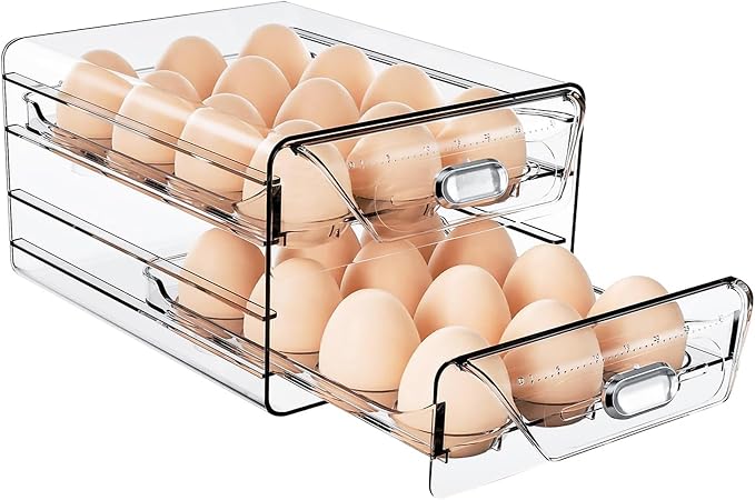HIYOHIYO 2-Tier Clear 24 Grid Egg Container for Refrigerator, With Drawers | Large Capacity, with Time Scale Marking, Stackable, Sturdy Eggs Storage for Fridge and Countertop by HIYOHIYO