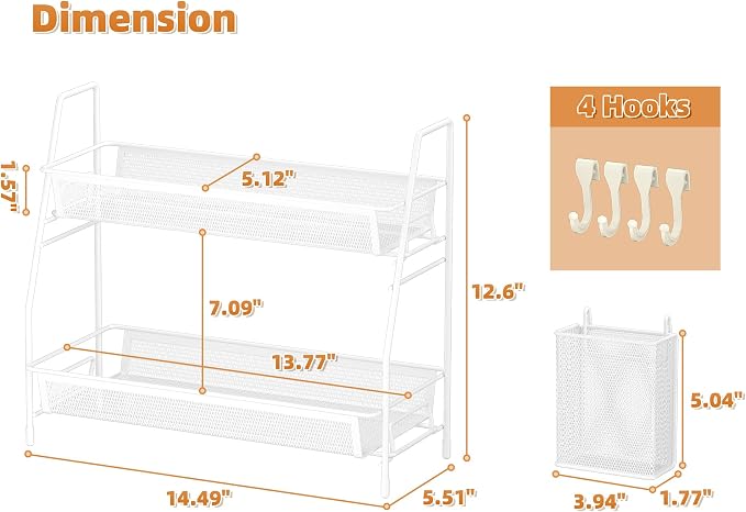 VITVITI 2 Tier Bathroom Countertop Organizer, Vanity Storage Shelf, White | Bathroom Counter Organizer, Vanity Makeup Tray Shelf, Kitchen Spice Rack, Metal Wire Mesh, with Basket Hooks - Image 5