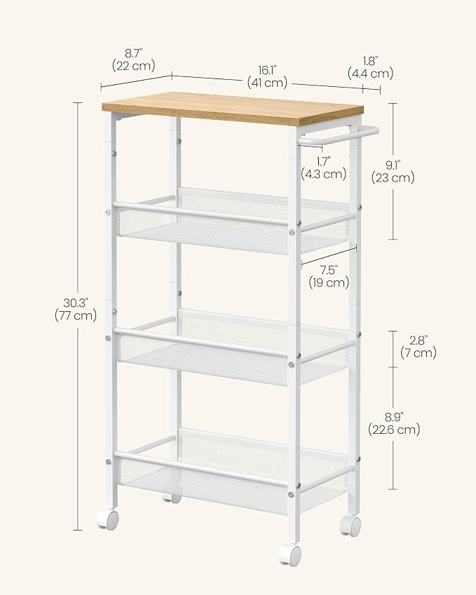 VASAGLE Slim Rolling Cart, 4-Tier, 8.7 Inches Deep, Steel Frame | Storage Cart with Handle, Narrow for Kitchen, Living Room, Golden Oak and Matte White, DACEY Collection ULRC033W09 - Image 6