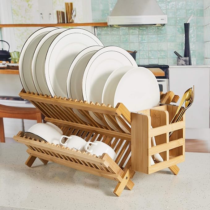 NOVAYEAH Bamboo Dish Drying Rack-2 Tier, Collapsible Small Dish Rack with Utensil Holder, Wooden Drying Rack for Kitchen Counter, Apartment Essentials Kitchen Plate Holder Organization 34 pcs Grid | 2-Tier Collapsible Large Dish Drying Rack Folding Dry... - Image 8