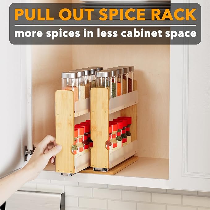 SpaceAid Bamboo Pull Out Spice Rack Organizer for Cabinet, Heavy Duty Slide Out Seasoning Kitchen Pantry Sliding Vertical Organization, 5.1" Wide, 2 Drawers(2" Wide), 2-Tier, Natural - Image 5