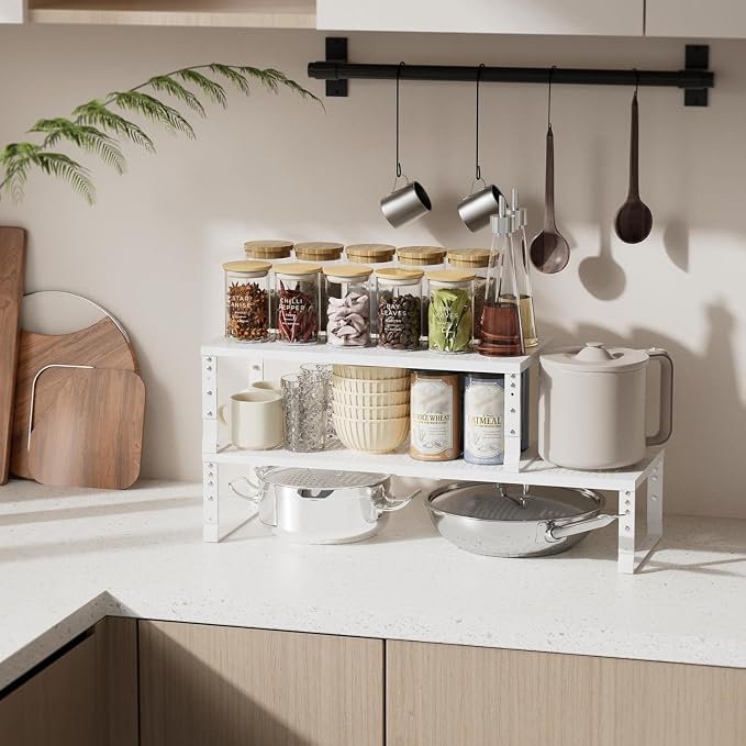 Expandable Spice Rack & Kitchen Cabinet Organizer - Stackable, Adjustable Shelves for Cabinets, Countertops, Cupboards & Pantries(3 Packs/Medium/White) - Image 2