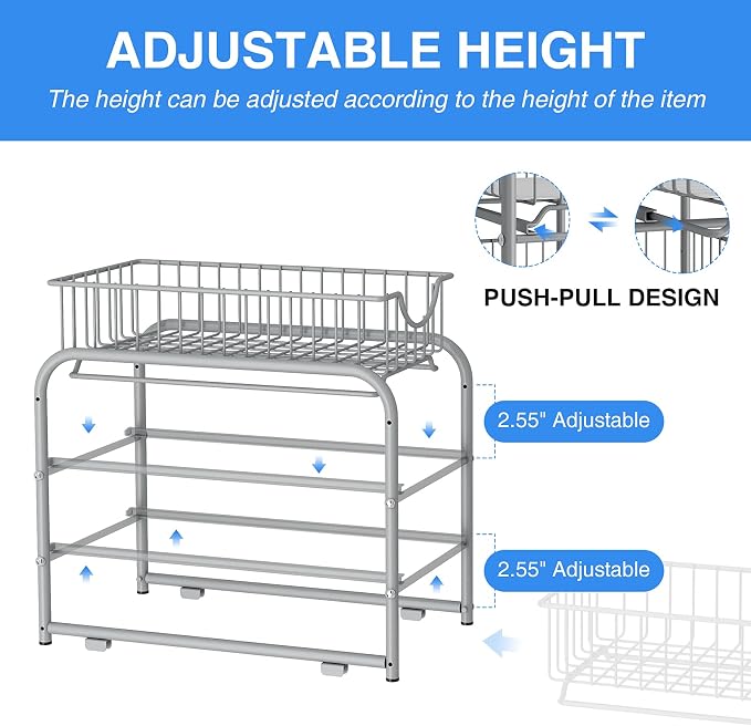 2-Tier Pull Out Organizer Under Sink Sliding Cabinet Rack,Sliver | Stackable sliding basket metal organizer with adjustable height and anti slip pad. Ideal for under sink or cabinet storage. - Image 6