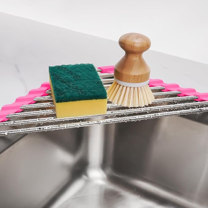 Tomorotec Triangle Roll Up Dish Drying Rack 304 Stainless Steel Rose | BPA-Free Food-Grade Silicone Edges Foldable Waterproof Rustproof Heavy-Duty Space Saver Heat Resistant to 550°F - Image 4