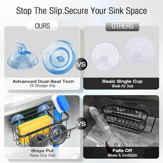 3-in-1 Kitchen Sink Caddy Organizer with Sponge Holder, Brush Holder, Extra Rack for Scrubber, Sink Stopper, Dish Cloth Hanger - Strong Dual Suction Cup, 2.0mm SUS304 Stainless Steel - Black - Image 7