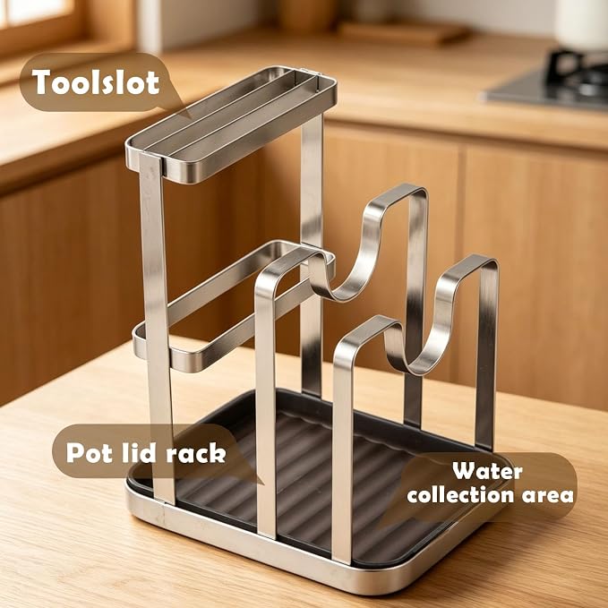 BEEFLYING Pot Lid Cutting Board Holder Organizer for Counterto with Tray | Holds 2 Pot Lids, 7.09*5.5*7.48 In, Stainless Steel, for Holder Spoon Cooking Knives Cutting Board Stove Top Kitchen Counter - Image 6