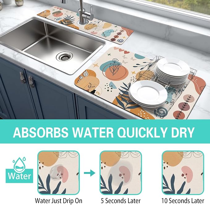Dish Drying Mat for Kitchen Counter Matt, 2PCS 19"x12" Dish Drainer Mat & 24"x5.5" Sink Splash Guard, Super Absorbent Non-slip Rubber Backed - Image 3