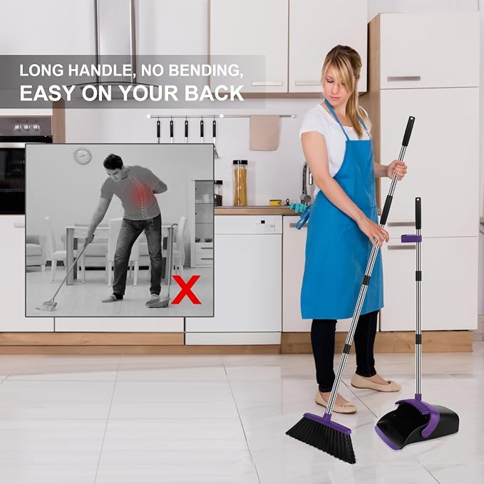 Purple Broom and Dustpan Combo Set, 55" Long Handle Broom | Large Area Outdoor Cleaning, Extended Reach Design, Built-in Comb Dustpan, Foldable Storage for Garage, Patio & Home - Image 3