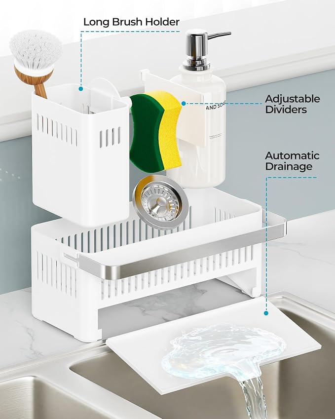 Nieifi Sponge Holder, White Rustproof ABS Sink Caddy with Towel Rack | Smiley Sponge and Brush Holders with Drainage to Keep Items Dry. 10"L x 4.5"D. Kitchen Counter Organizer & Essential Storage. - Image 6