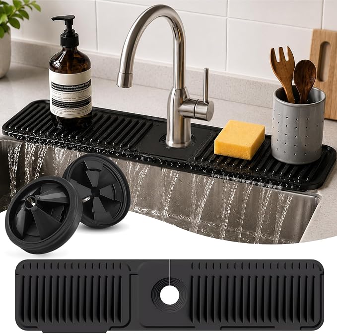 24 Inch Silicone Faucet Mat for Kitchen Sink Splash Guard, W/Sink Baffle | BPA-free silicone, Heat-resistant, non-slip, and built to withstand daily kitchen use, dishwasher safe and simple to rinse by Unknown