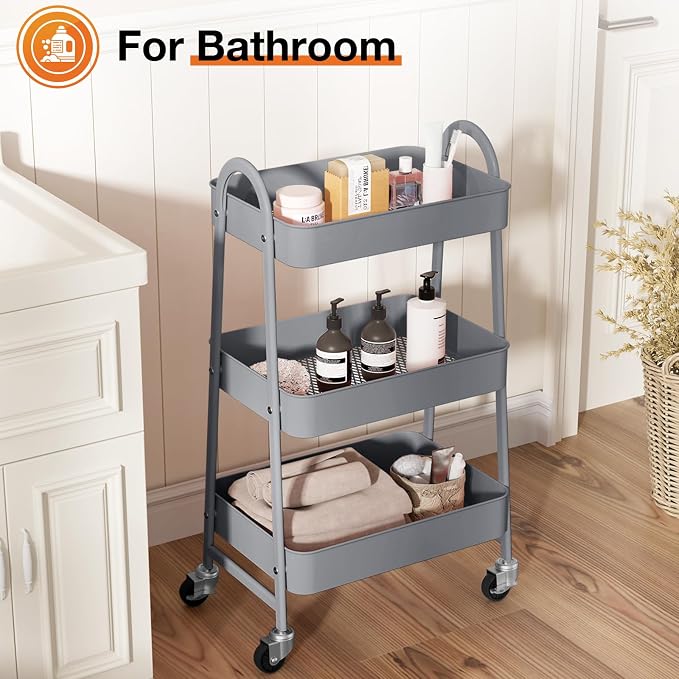 NEWBULIG 3-Tier Metal Rolling Cart with Lockable Wheels, Heavy Duty Mobile Utility Storage Shelf, Roller Book Snack Cart, Grey | Mobile Organizer Shelf, Space-Saving, Freestanding, Bathroom, Living Room, Slim, Narrow Corner Spaces, Grey - Image 5