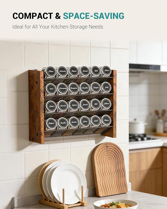 Spice Rack Organizer with 24 Glass Jars, for Cabinet Wall Mount Countertop | 4-Tier Seasoning Organizer with Labels, Chalk Marker & Funnel for Pantry, Kitchen Storage, Wood,12.2 in W x 9.4 in H - Image 6