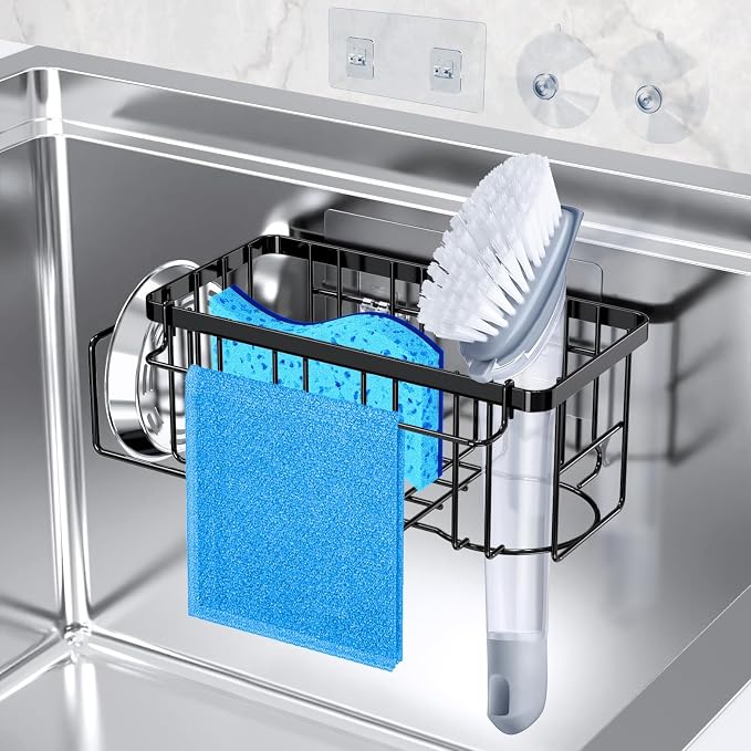 StorageRight 4-in-1 Sponge Holder for Kitchen Sink, Sink Caddy Organizers and Storage with Adhesive Hook & Suction Cups, Rustproof Kitchen Sink Organizer for Home Decor - Black by StorageRight
