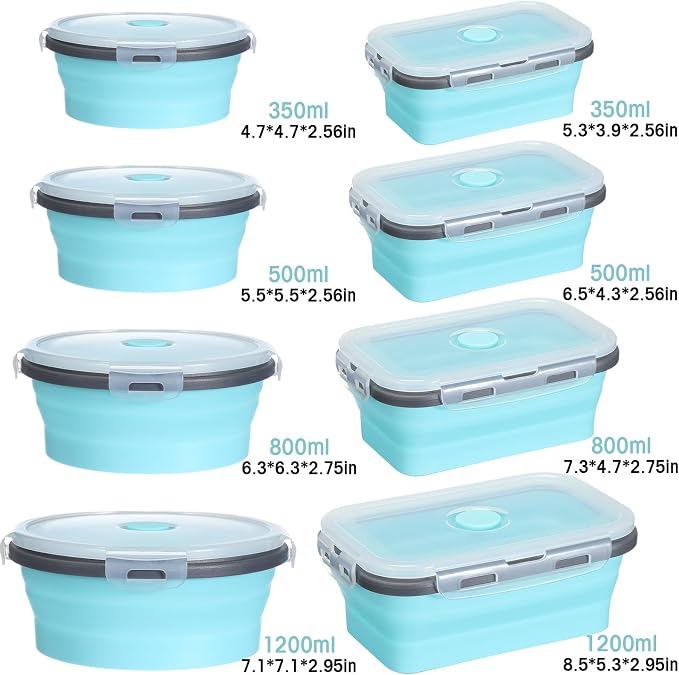 Yaomiao 16 Pack Collapsible Food Storage Container with Lid,Gray, Blue | Silicone Bowls with Air Vent, Foldable Rectangle Round Bowl ,For Rv Camping Meal Prep Organizing, Microwave Freezer Safe - Image 2