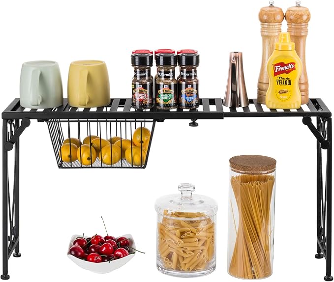 MyGift Expandable Black Metal Over Sink Shelf with Pull Out Drawer | Kitchen & Bathroom Organization, Countertop Space Saver, Adjustable Design, Hidden Drawer, Decorative Scrollwork Accent - Image 8