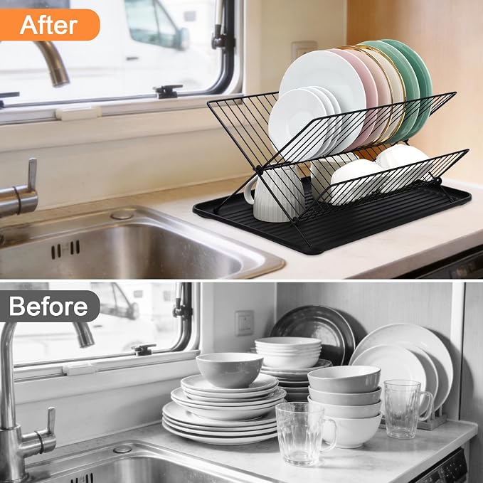 RV Foldable Dish Drying Rack, 2-Tier with Drip Tray, Stainless Steel Collapsible Rack for Sink & Kitchen Countertop, Space-Saving Dish Drainer Organizer for Dishes, Bowls, Plates, Cups - Image 7