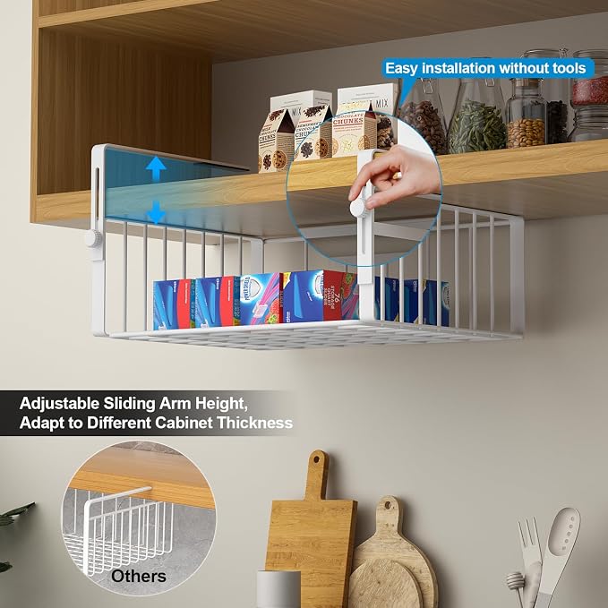 AmonHouseware 2Pack Under Shelf Basket Storage,Adjustable Hanging,White | Under Cabinet Shelf Add-on, Slide-in Baskets,Organizer for Laundry Room Kitchen Pantry Desk Bookshelf Counter Cupboard - Image 2