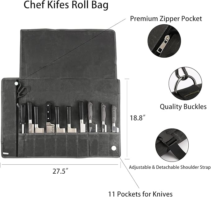 Chef’s Knife Roll Bag,Waxed Canvas Knife Cultery Carrier, Portable Chef Knife Cases,Knife Pouch Holders With 10 Slots Plus 1 Zipper Pockets Can Hold Home Kitchen Knife Tools Up To 18.8” - Image 2