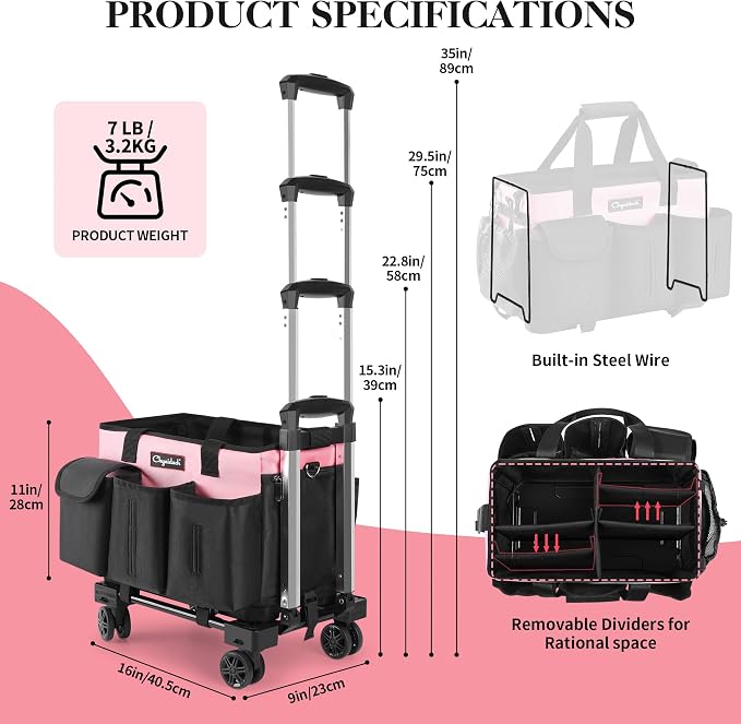 Chyaidach Rolling Cleaning Caddy, Cleaning Supplies Organizer with Trolley, Wearable Cleaning Tote Bag on Wheels with Hard Bottom, Cleaning Carts for Housekeepers/Home/Car/Office/Picnic (Pink) - Image 2