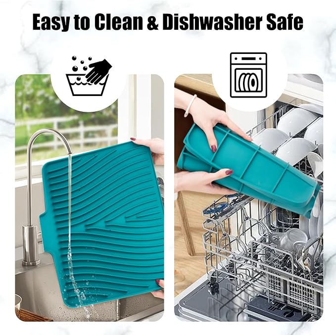 TIKNIK Silicone Dish Drying Mat for Kitchen Counter, Green-1pcs, 16" x 12" | Heat Resistant & Non-Slip Dish Drain Pad with Built-In Drain, Dishwasher Safe, Quick-Dry, Hangable & Roll-Up for Storage - Image 5