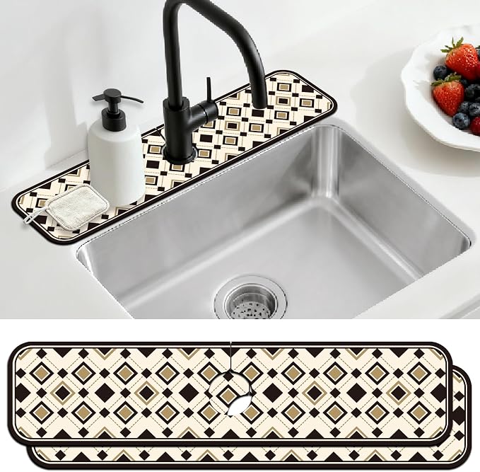 2 Pcs Minimalist Style Kitchen Sink Splash Guard Faucet Mat Black and Gold European-Style Plaid Pattern Faucet Mat for Sinks Absorbing Drying Mats for Kitchen Bathroom, 23.6x5.5inch by CONCHLERY%E6%97%97%E8%88%B0%E5%BA%97