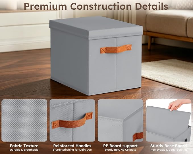 Storage Bins with Lids - Fabric Storage Baskets for Shelves, 6 Pack Foldable Decorative Boxes with Handles, Stackable Organizer Bins for Home, Nursery, Dorm, Grey - Image 6