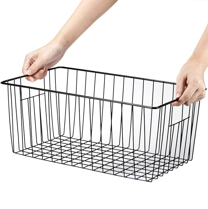 16" L x 12" W Wider Freezer Storage Organizer Baskets Container, Deep Metal Wire Chest Upright Refrigerator Divider Bins with Built-in Handles for Cabinet, Pantry, Kitchen, Black - Image 6