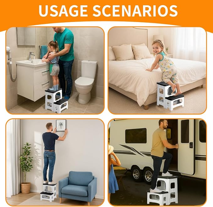 2 Step Stool Foldable, Non-Slip Steps, Folding Step Stool for Adults & Kids, Plastic Stool Pool Ladder, Collapsible Stools 2 Step Ladder for Kitchen Toilet Bedroom Office RV, Holds 330 lbs - Image 2