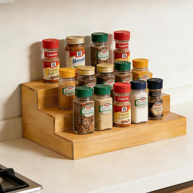 Spice Rack Organizer for Cabinet - 2PCS 11.8in Bamboo Spice Shelf | 3 Tier Seasoning Organizer for Countertop, Kitchen, Pantry - Apply to Standard Spice Jars, Vitamin Bottles, Sauce Cans - Image 4