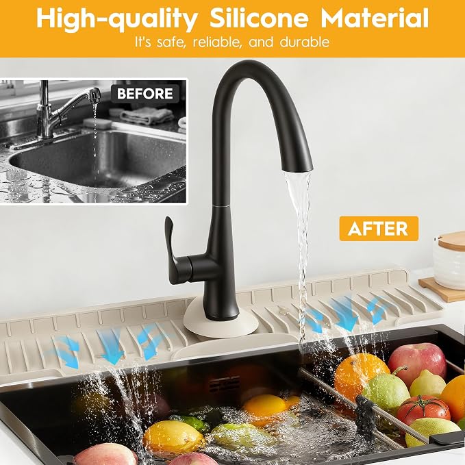 16" Silicone Faucet Mat for Kitchen Sink of The Lastest, Beige | 8° Slope Fast Self-draining, Kitchen Sink Water Splash Guard, Behind Faucet Draining Mat, for Bathroom Kitchen Sink Area - Image 4