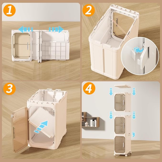 4 Tier Slim Bathroom Storage Cabinet, Foldable and Movable, Beige | Tools Free, ABS and PET, Magnetic Clear Door, Adjustable Shelves, Lockable Wheels, Water Resistant, For Narrow Space - Image 6