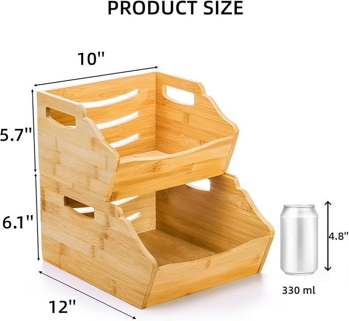 Cididu 2 Pack Bamboo Stackable Storage Bin, Countertop Open Front Stacking Bins, 2 Tier Organize Basket Box with Handle, Food Fruit Container for Cabinet, Kitchen, Studio, Office - Image 2