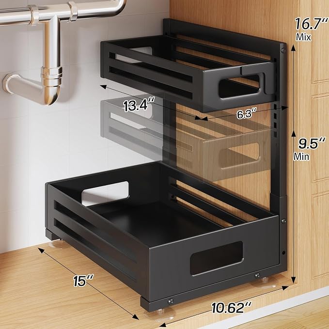 2 Pack Under Sink Organizer,Pull Out Cabinet Organizer with Smooth Cylindrical Rail,Metal Slide Out Drawer for Kitchen Bathroom Laundry Cabinet,8-Level Tool Free Height Adjustable-Black - Image 2