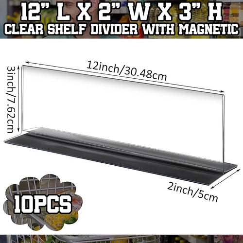10 Pcs Clear Shelf Divider with Magnetic 12" L X 2" W X 3" HPlastic Shelf Separator Closet Divider, Clapboard Baffle for Storage Bedroom Bathroom Kitchen Office Supermarket Organization - Image 2