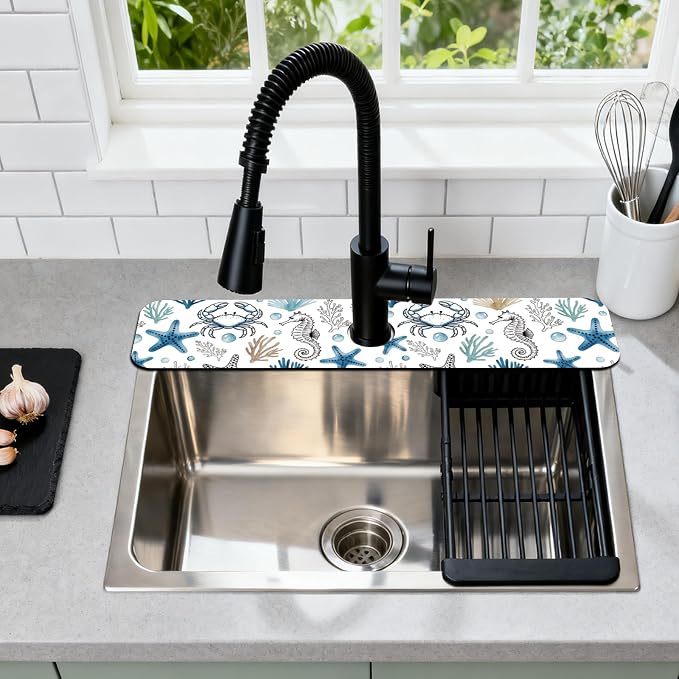 2 Pcs Marine Animals Kitchen Sink Splash Guard Faucet Mat | Faucet Mat for Sinks Absorbing Drying Mat for Kitchen Bathroom, 23.6x5.5inch - Image 3