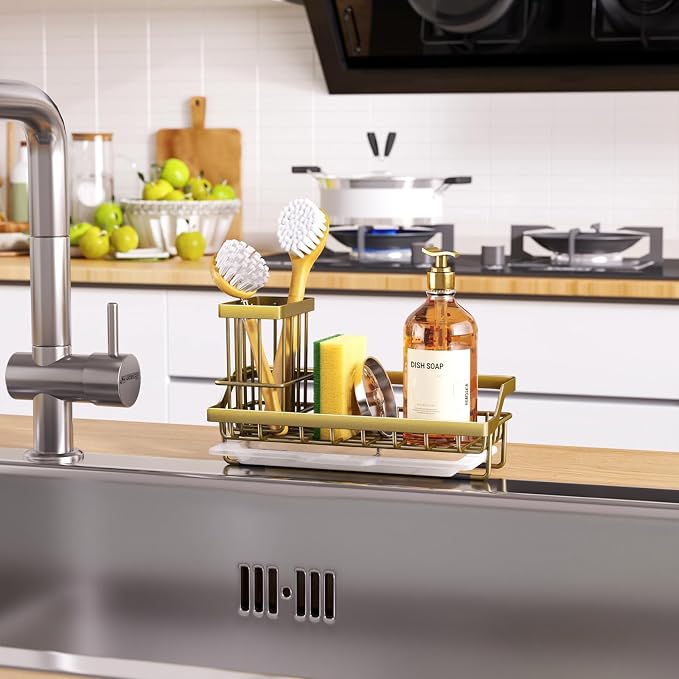 Consumest Sponge Holder for Kitchen Sink - Sink Caddy with Dish Brush Holder, Stainless Steel Kitchen Organizer with Drip Tray for Countertop, Darker Gold - Image 7