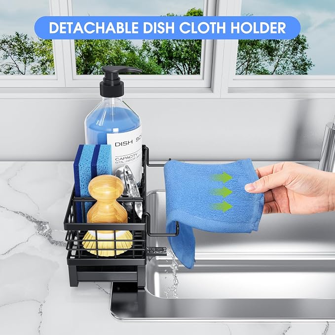 Metal Kitchen Sink Sponge Holder, Countertop Sink Caddy, Black | Rustproof Kitchen Caddy Sink Organizer, Non-Slip Sponge Caddy with 360° Self-Draining Tray, Detachable Dish Cloth Holder - Image 6
