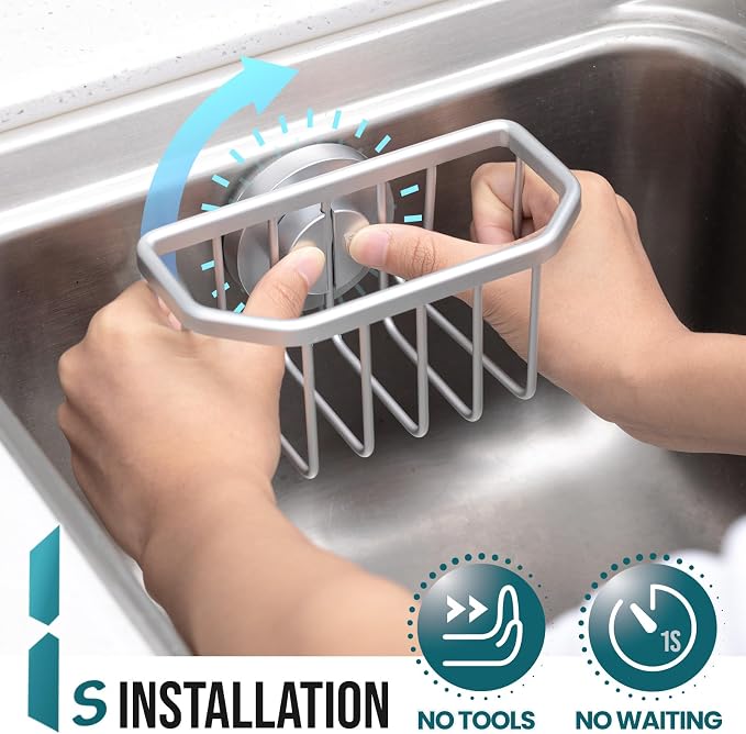 TAILI Sponge Holder for Kitchen Sink with Suction Cup-Silver, Aluminum | Rustproof Aluminum Sink Caddy for Sponges,Brushes,Stoppers & Scrapers,Removable Ventilated Quick-dry Design, holds Up 11lbs - Image 2