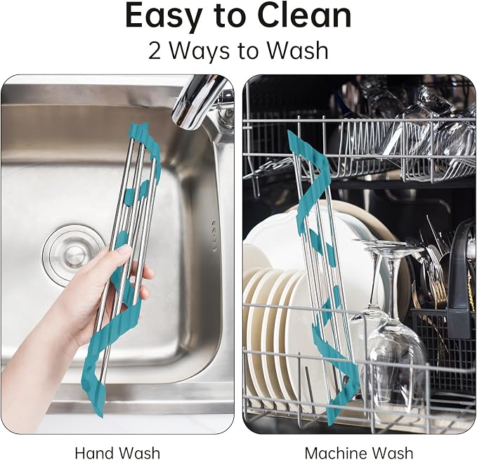 Tomorotec Triangle Roll-Up Dish Drying Rack for Sink Corner Small Foldable Stainless Steel Over The Sink Multipurpose Kitchen Drainer Caddy Organizer Storage Shelf Holder (Dark Green) | BPA-Free Food-Grade Silicone Edges Foldable Waterproof Rustproof H... - Image 5