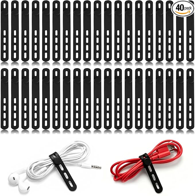 40 Pcs Black Silicone Cable Ties, Reusable Cable Straps Wire Organizer. | Cable Management Cord Organizer for Fastening Earphone Phone Charger Home Office Desk Kitchen Appliances Cable Cords Wires by RUGLAMZHIP