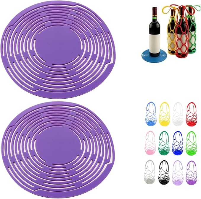 Multi-Use Silicone Storage Bag & Organizer,Multifunctional Mesh Coaster,Silicone Wine Carrier,Reusable, Foldable, Portable Coaster for Wine Bottles, Cans, Cups, Hot Dishes,and Beverages(2pcs Purple) by Unknown