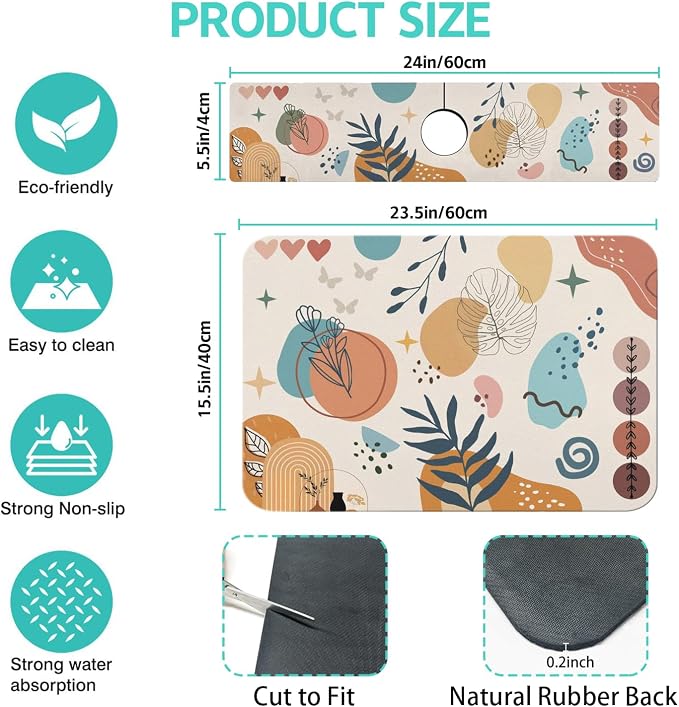 Dish Drying Mat for Kitchen Counter Matt, 2PCS 23"x15" Dish Drainer Mat & 24"x5.5" Sink Splash Guard, Super Absorbent Non-slip Rubber Backed - Image 2