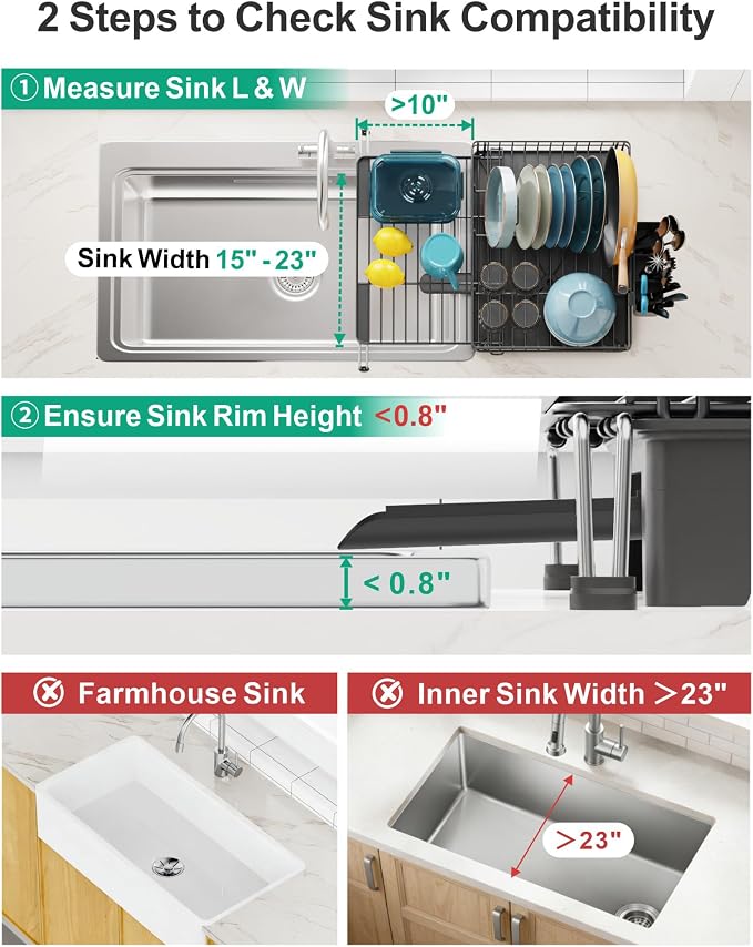 GSlife Expandable Dish Drying Rack - Over Sink & Countertop Use, Black | 12.6"-22.4" Adjustable Length, Extra Drying Space, Auto-Drain Spout, Large-Capacity, Removable Utensil Holder, Rust-Resistant - Image 6