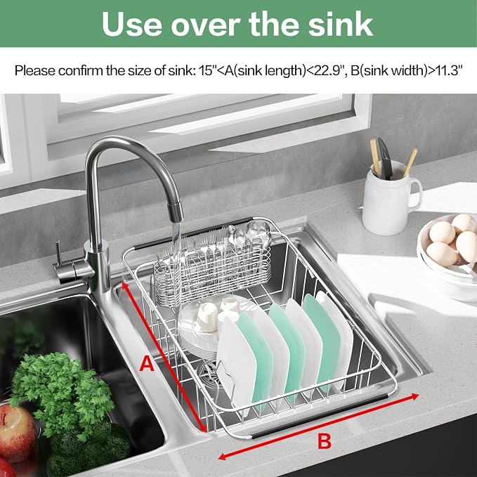 Fanbsy Large Dish Drainer Rack in Sink Adjustable, Expandable 304 Stainless Steel Metal Dish Drying Rack Organizer with Stainless Steel Utensil Holder Over Inside Sink Counter, Rustproof - Image 4