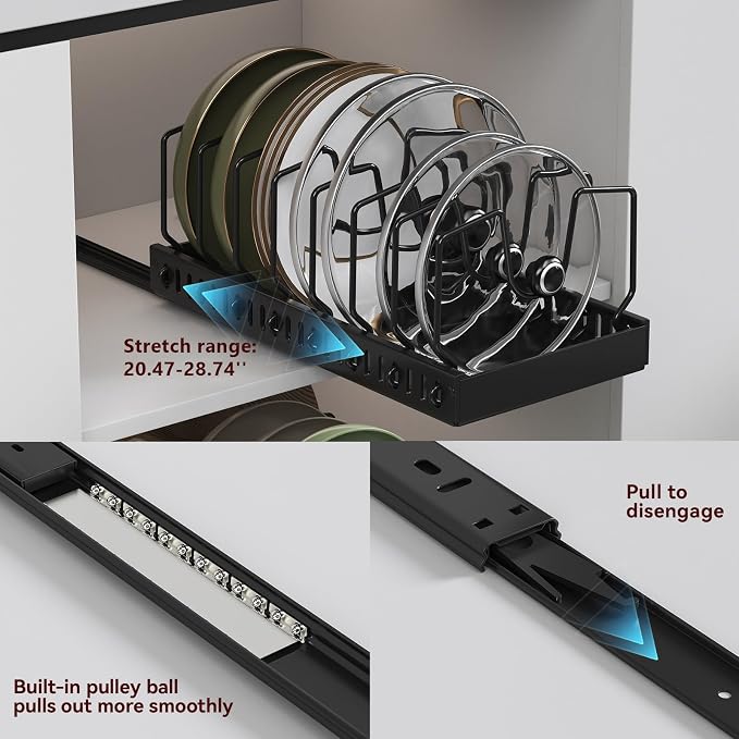 Pull Out Pot Lid Organizer, Cabinet Pan Rack, 10 Dividers | 2-pack black carbon steel rack, 16 adjustable dividers, quiet slide rails, adhesive or screw mount for lids, pans, bakeware - Image 5