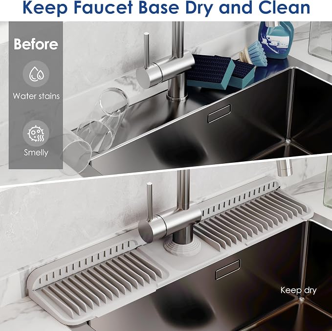 24-Inch Silicone Faucet Mat for Kitchen Sink Splash Guard, 7° Slope | 24"x5.5" water draining mat with fasten button; 1.6-2.75" customizable hole for bathroom, RV & kitchen sink drip catcher. - Image 6