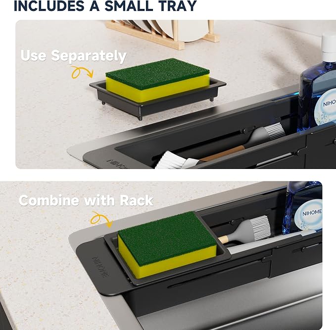 NiHome Extendable Kitchen Sink Caddy, Small Brush Sponge Storage Holder | Expandable Kitchen In Sink Organizer for Brush & Sponge with Drainage, Adjustable Length, Non-Slip Pads, Durable ABS (Black) - Image 3