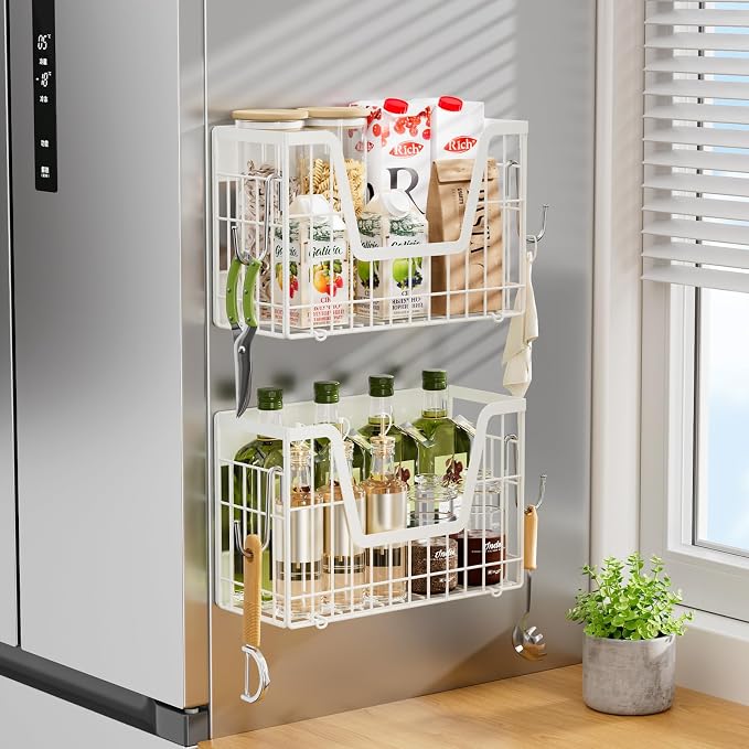 4 Pack Magnetic Shelves For Fridge, White Potato Onion Storage Bin | Magnetic Fruit Basket for Fridge Organizers and Storage, Veggie Onion Potato Wire Storage Basket for Kitchen, Pantry Laundry - Image 6