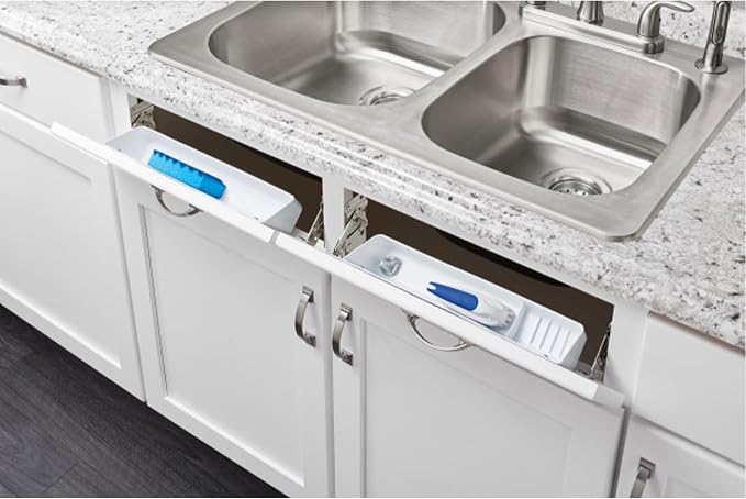 Rev-A-Shelf 11" Tip-Out Plastic Sink Trays for Kitchen and Bathroom Base Cabinet, Pack of 2 Pullout Vanity Shelf Home Organizer, White, 6572-11-11-52 - Image 4